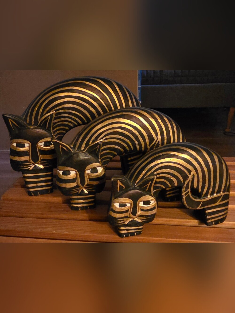 Laurel Burch Collection Of 3 Wooden Cats 1980s Folk Art Painted Vintage